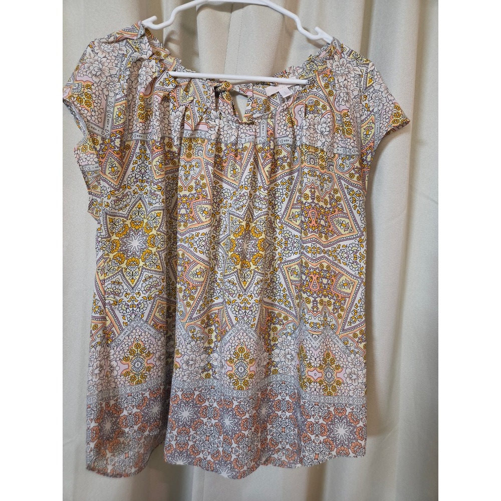 Lauren Conrad Womens Floral Medallion Short Sleeve Keyhole Tie Back Blouse Large